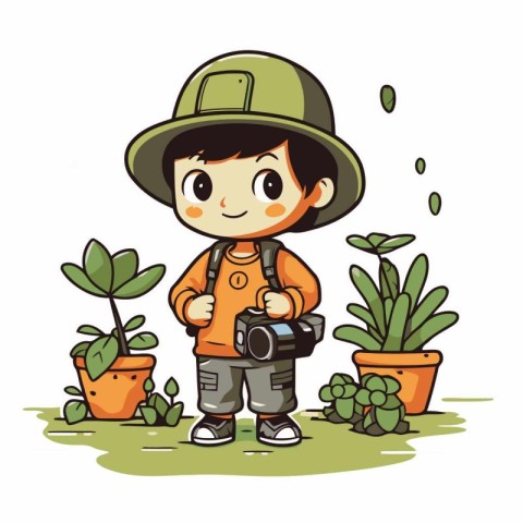 Illustration of a Little Boy Holding a Camera and Planting Plant