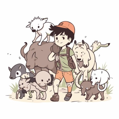 Cute little boy hiking with group of wild animals.