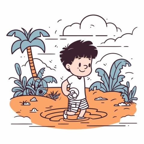 Cute little boy playing in a puddle on the beach