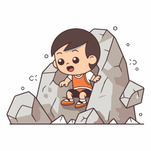 Cute little boy climbing on a rock for your design.