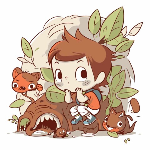 Boy with a backpack and a group of animals.