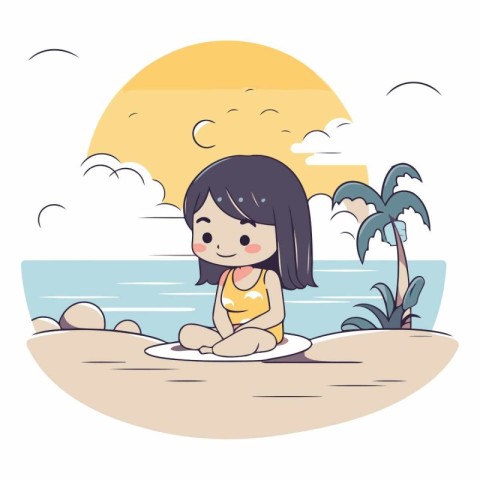 Cute little girl sitting on the beach and smiling.