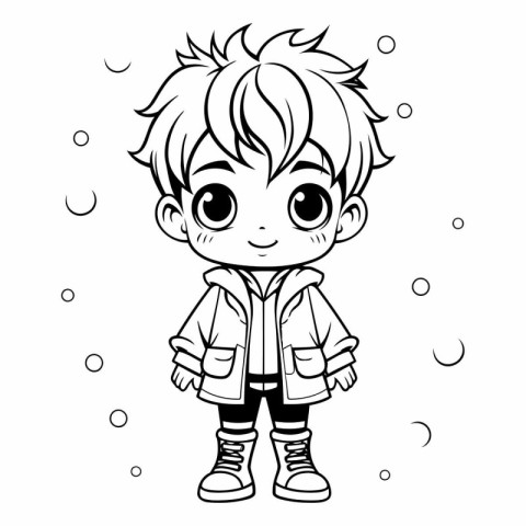 Cute little boy in winter clothes. black and white vector illust