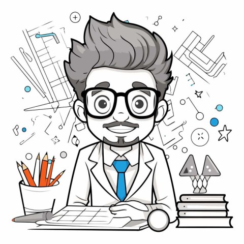 Vector illustration of a cartoon scientist sitting at his desk i