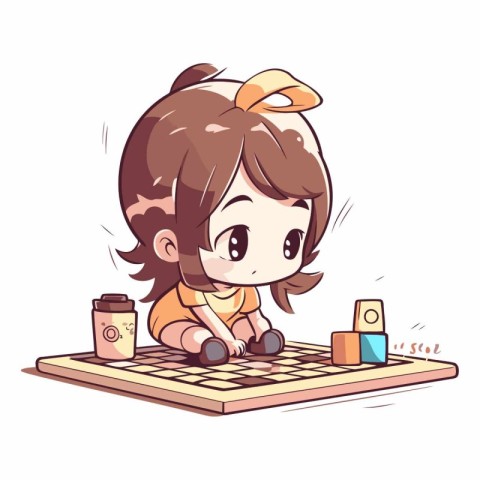 Cute little girl playing chess in cartoon style.