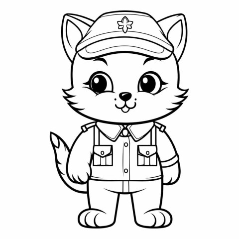 Black and White Cartoon Illustration of Cute Cat Captain Charact