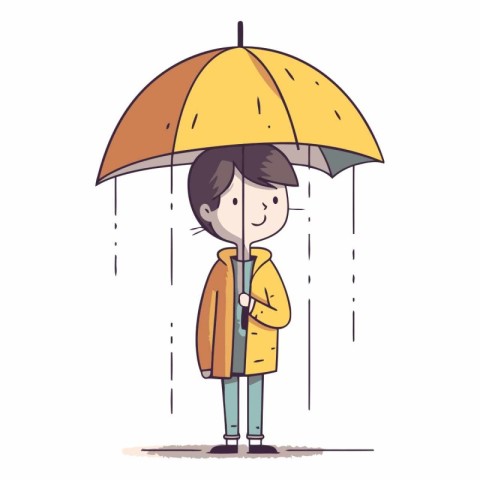 Illustration of a boy wearing a raincoat and holding an umbrella