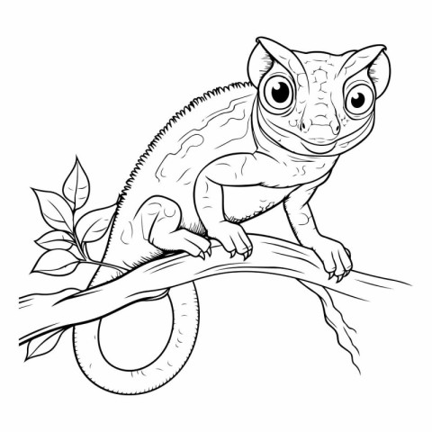 Cute chameleon on a branch. Coloring book for children.