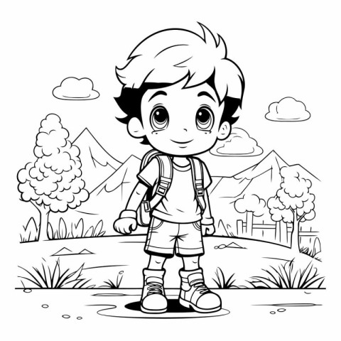 Black and white illustration of a boy with a backpack in the par