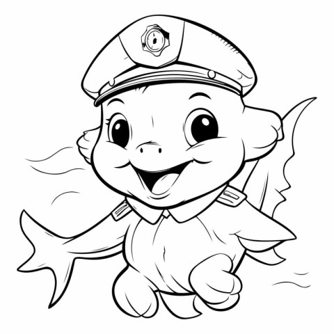 Black and White Cartoon Illustration of Cute Little Fish Captain