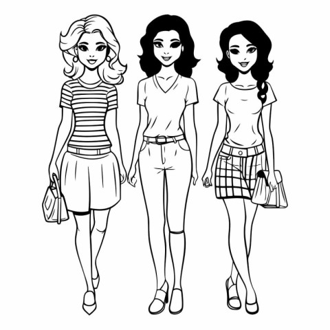 Fashion girls in sketch-style. Black and white.