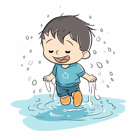 Little boy playing in a puddle of water.