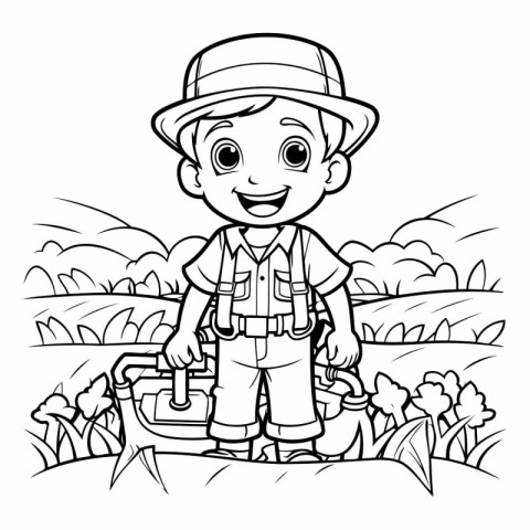 Outlined Kid Boy with Backpack in the Field Coloring Page