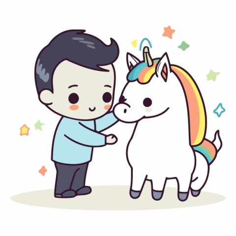 Cute little boy and unicorn. Cartoon style.