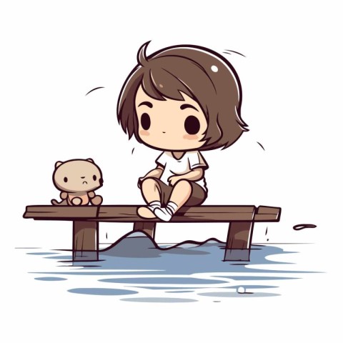 Girl sitting on the bench and playing with her little teddy bear