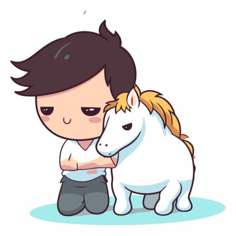 Cute little boy hugging a white horse. Vector cartoon illustrati