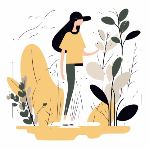 Vector illustration of a girl walking in the forest. Flat style.