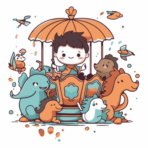 Vector illustration of a cute boy riding a carousel with animals