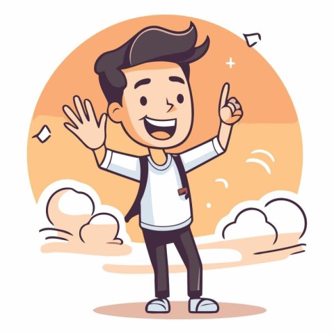 Happy boy with raised hand. Cartoon style character.