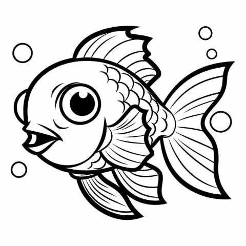 Black and White Cartoon Illustration of Cute Fish Animal Charact