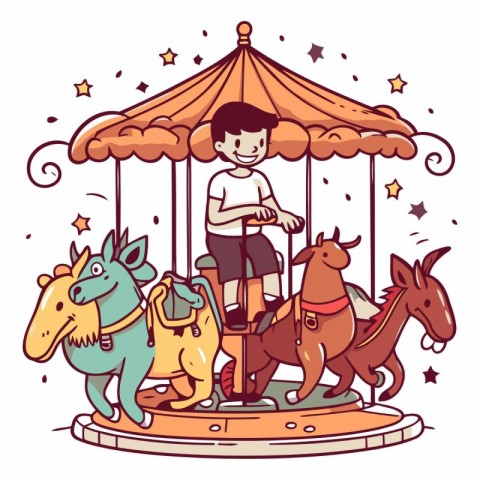 Vector illustration of a boy riding a horse on a merry go round