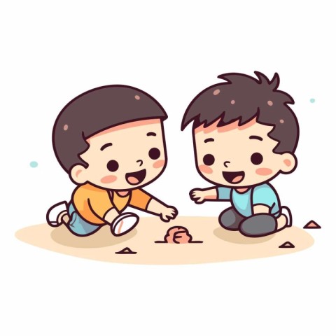 Cute little boys playing on the beach. Vector cartoon illustrati