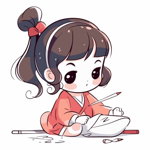 Illustration of a Cute Little Girl Drawing with a Pencil