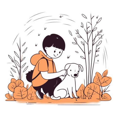 Boy with backpack and dog in the autumn park.