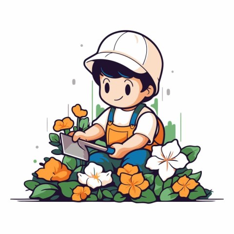 Vector illustration of a boy working in the flowerbed with flowe