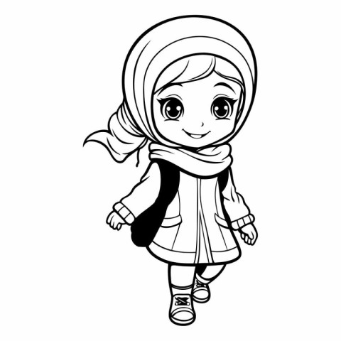 Cute little girl in scarf and coat for coloring book.