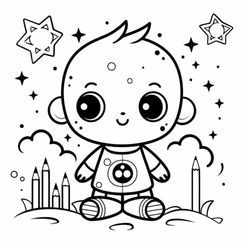 Cute baby boy in astronaut costume for coloring book.