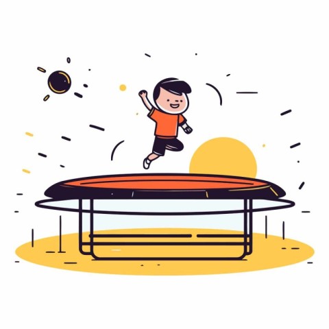 Happy boy jumping on trampoline. Flat design vector illustration