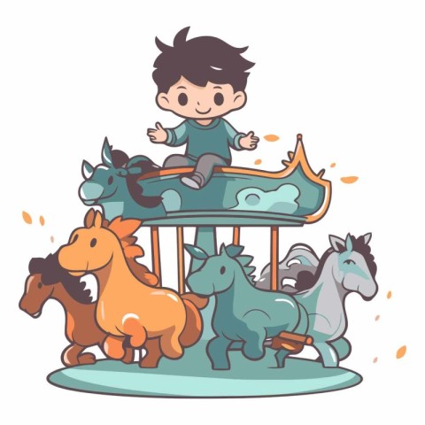 Cute cartoon boy riding on a carousel.