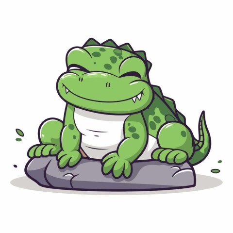 Cute cartoon crocodile sitting on a stone.