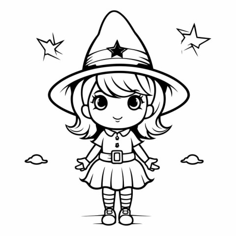 Black and White Cartoon Illustration of Little Witch Girl Charac