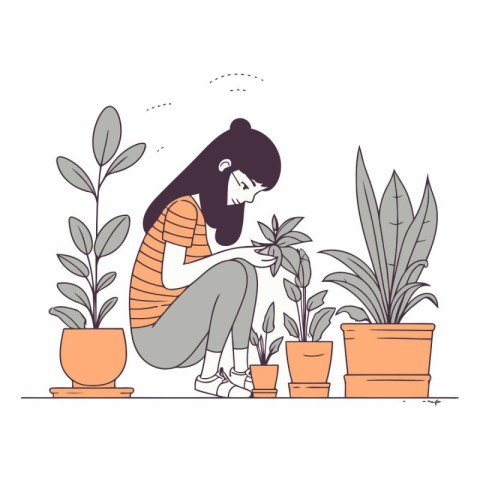 Girl caring for houseplants in flat style.