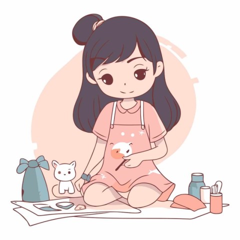 Cute little girl playing with toys in cartoon style.