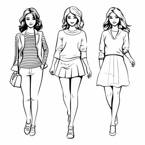 Fashion girls sketch of beautiful young women in casual clothes.