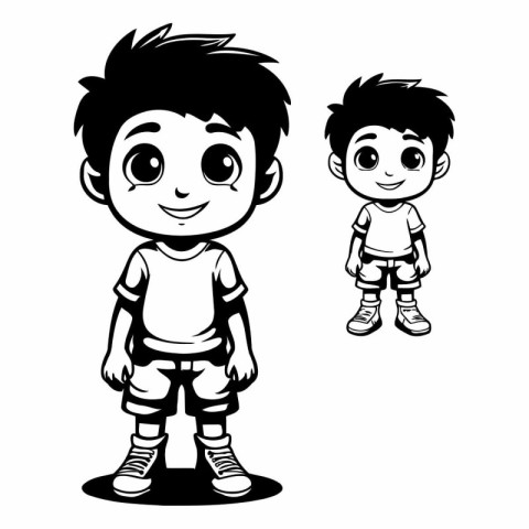 Black and White Cartoon Illustration of Cute Little Boy and Girl