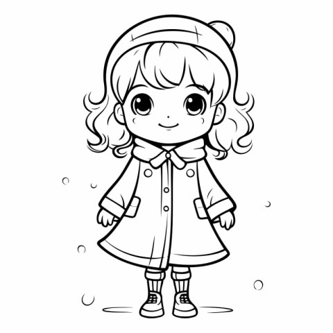 Cute little girl in trench coat for coloring book.