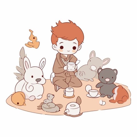 Cute little boy drinking tea and playing with a group of animals