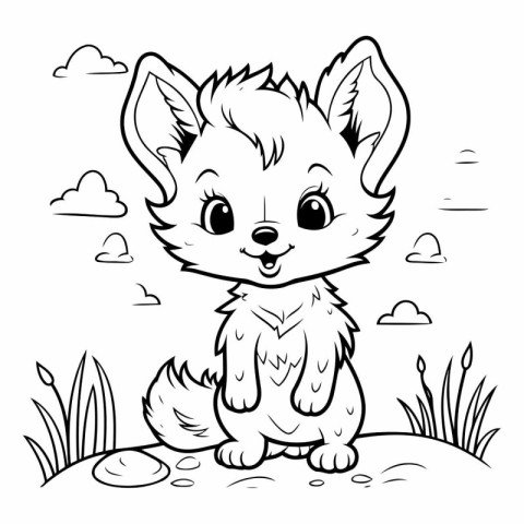 Cute little fox sitting on the grass. Coloring book for children