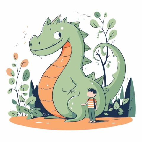 Vector illustration of a little boy with a big dinosaur in the f