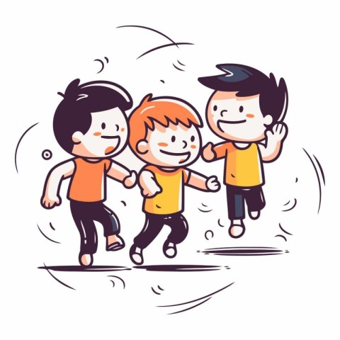 Happy children running together. Kids playing together in doodle