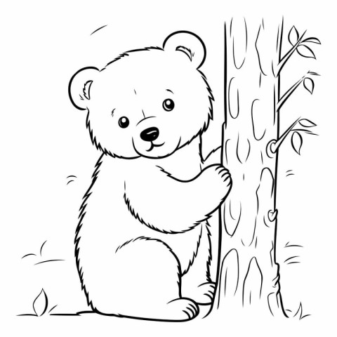 Cute cartoon bear sitting in the forest for coloring book.