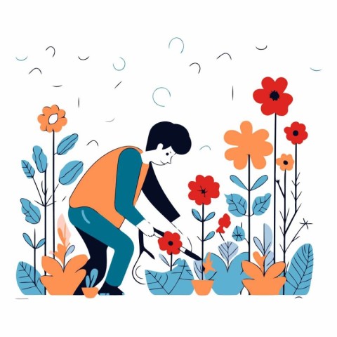 Gardener planting flowers in the garden. Flat vector illustratio