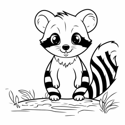 Cartoon raccoon sitting on a log. Black and white vector illustr