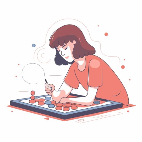 Girl playing board game in cartoon style on white background.