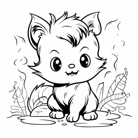 Cute cartoon cat in the jungle for coloring book.