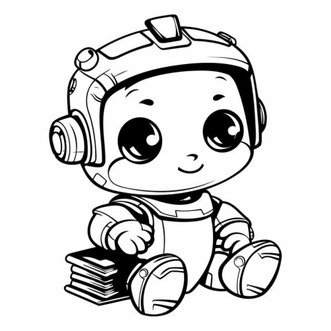 Cute astronaut boy with book - Black and White Cartoon Illustrat